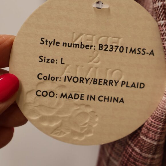 Eden & Olivia Ivory/Berry Plaid Button-Up Blouse With Ruffle Collar - Size L - Picture 4 of 14